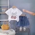 Girls White Cherry Embellished T-Shirt With Pleated Denim Shorts Set Sets White 1-2 Y
