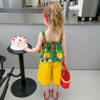 Girls Green Printed Ruffle Peplum Top With Long Shorts Sets Sets
