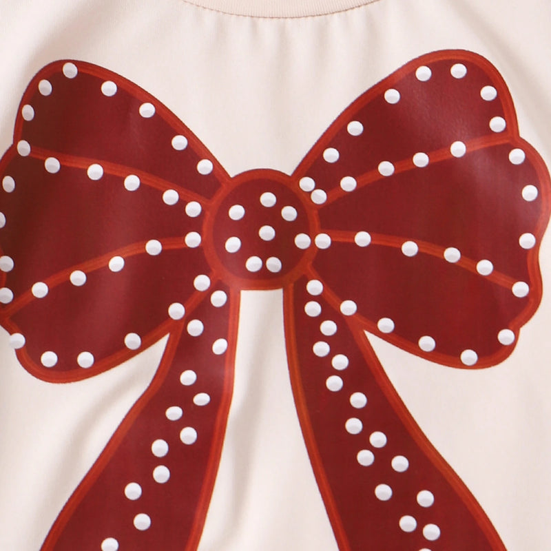 Girls Bow Printed Short Sleeve T-shirt With Red Wide Leg Pants Sets 2 pc. Sets
