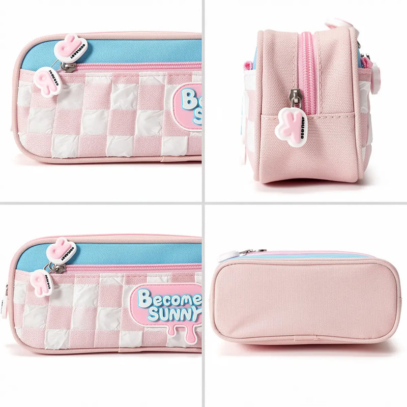 Aesthetic Become Sunny Pencil Pouch -Cute Checked School Stationery Organizer Trending Accessories