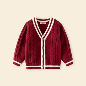 Girls Red Self-Design Knitted Cardigan Sweaters & Cardigans