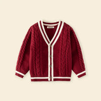 Girls Red Self-Design Knitted Cardigan Sweaters & Cardigans