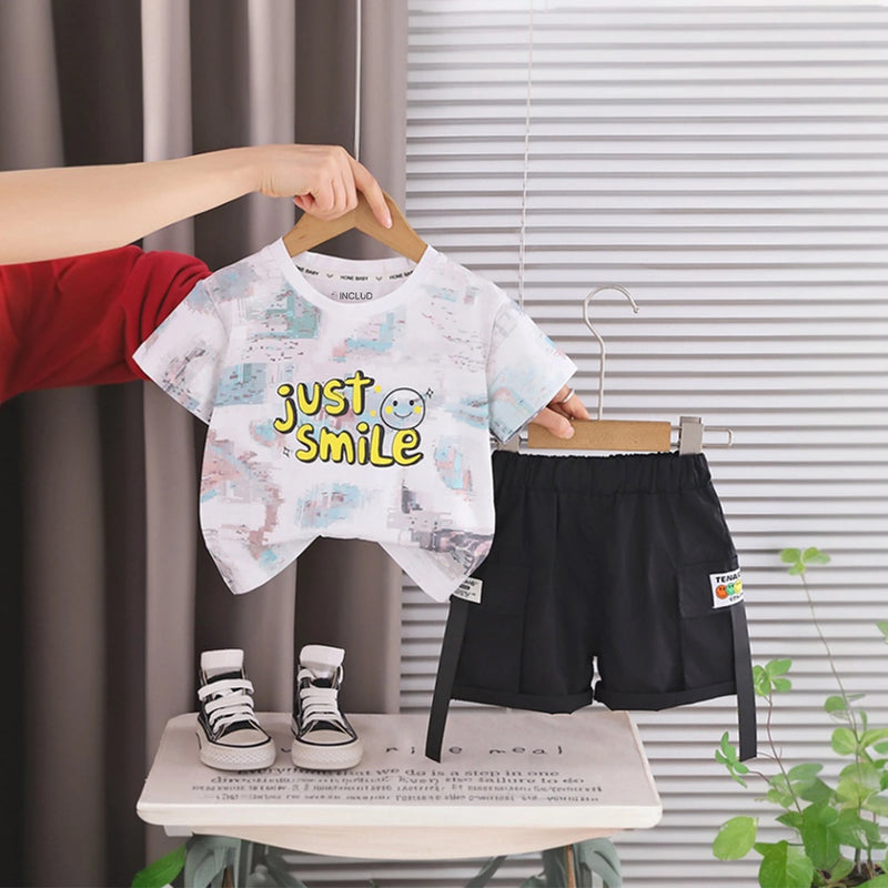 Boys Teal Blue Smiley Printed Short Sleeve T-Shirt With Elasticated Shorts Sets 2 pc. Sets Teal 1-2 Y