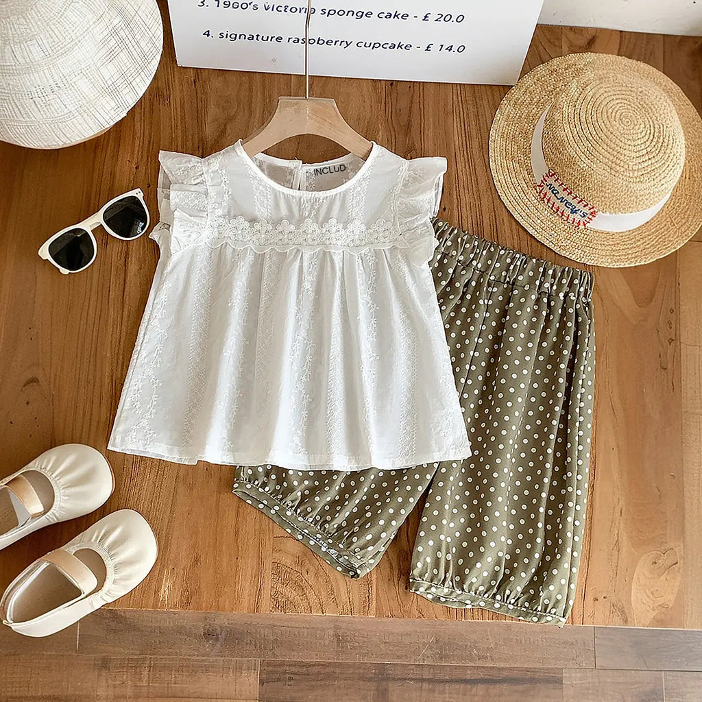 Girls White Embroidered Top With Polka Dot Printed Shorts Set Sets White 1-2 Y