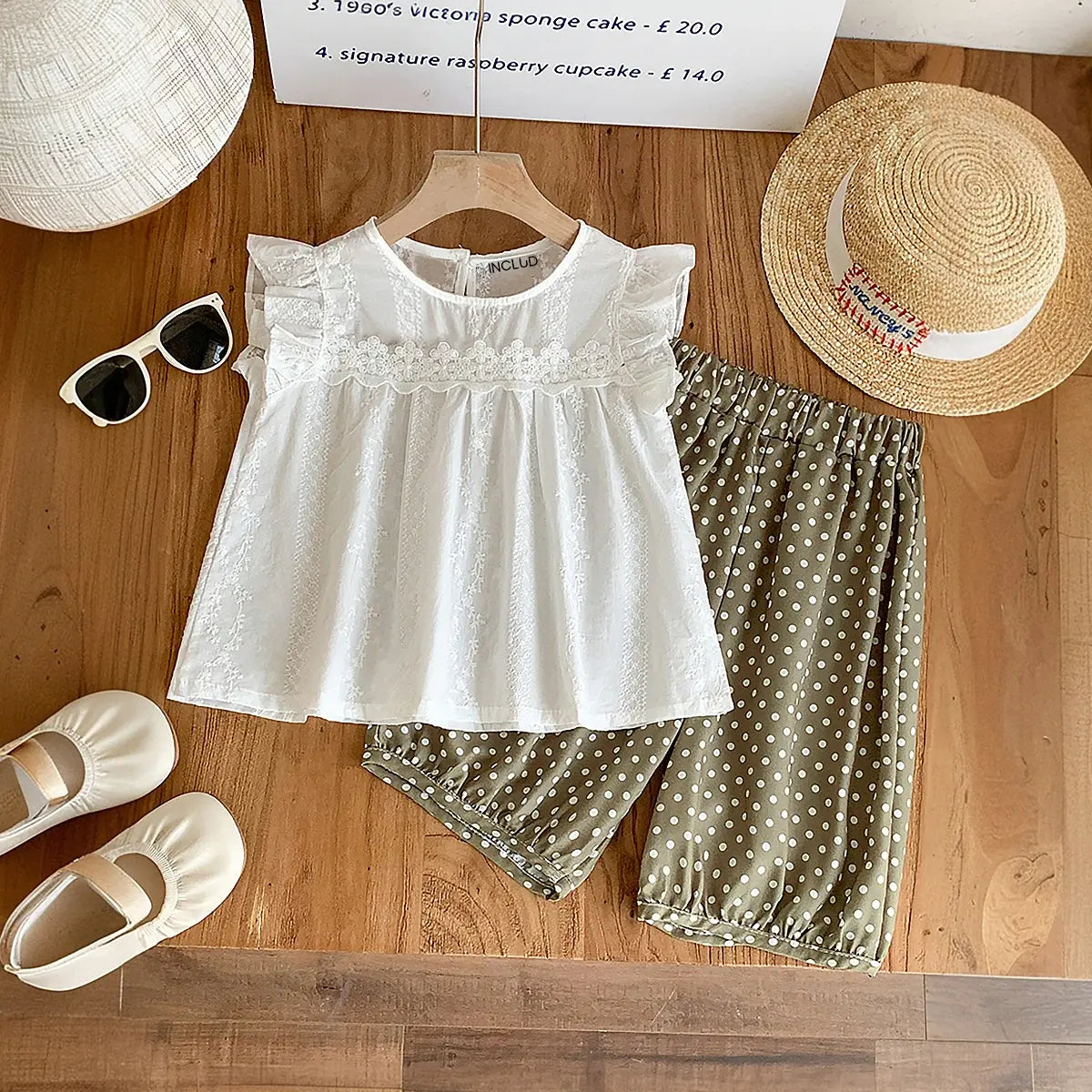Girls White Embroidered Top With Polka Dot Printed Shorts Set Sets White 1-2 Y