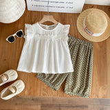 Girls White Embroidered Top With Polka Dot Printed Shorts Set