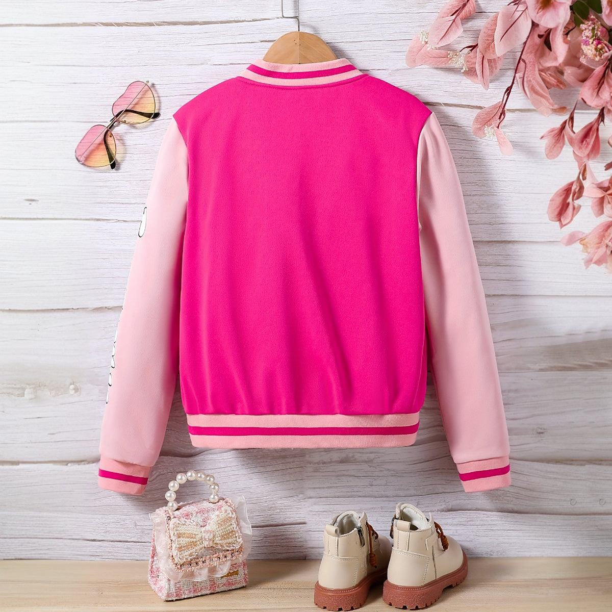 Girls Pink Typographic Printed Winter Varsity Jacket Coats & Jackets