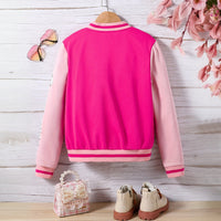 Girls Pink Typographic Printed Winter Varsity Jacket Coats & Jackets