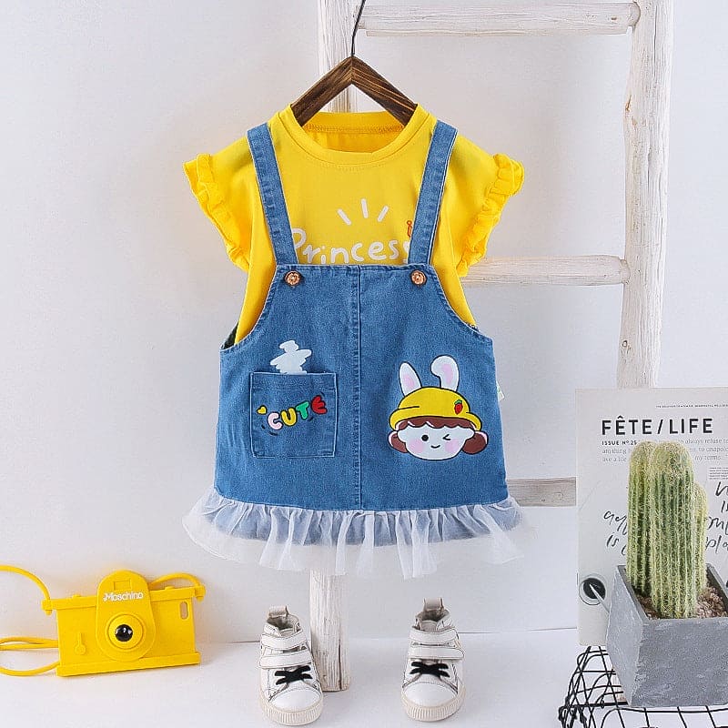 Girls Yellow Printed T-shirt with Denim Pinafore Set Sets Yellow 1-2 Y 