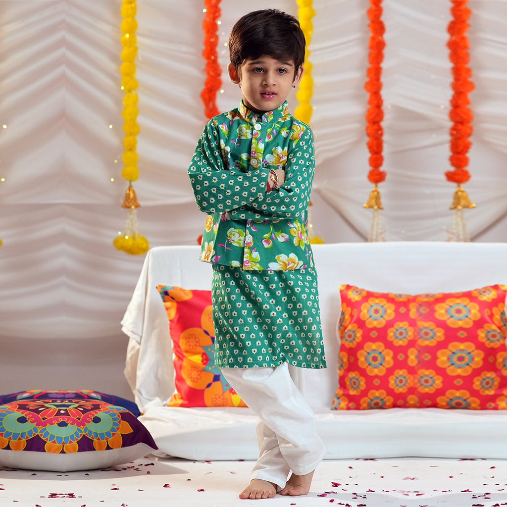 Boys Bandhani Print Kurta with Floral Print Nehru Jacket & Pajama Set Ethnicwear Boys