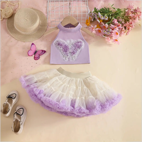 Girls Purple Butterfly Applique Halter Top With Tiered Tulle Tutu Skirt Sets Sets Purple 2-3 Y