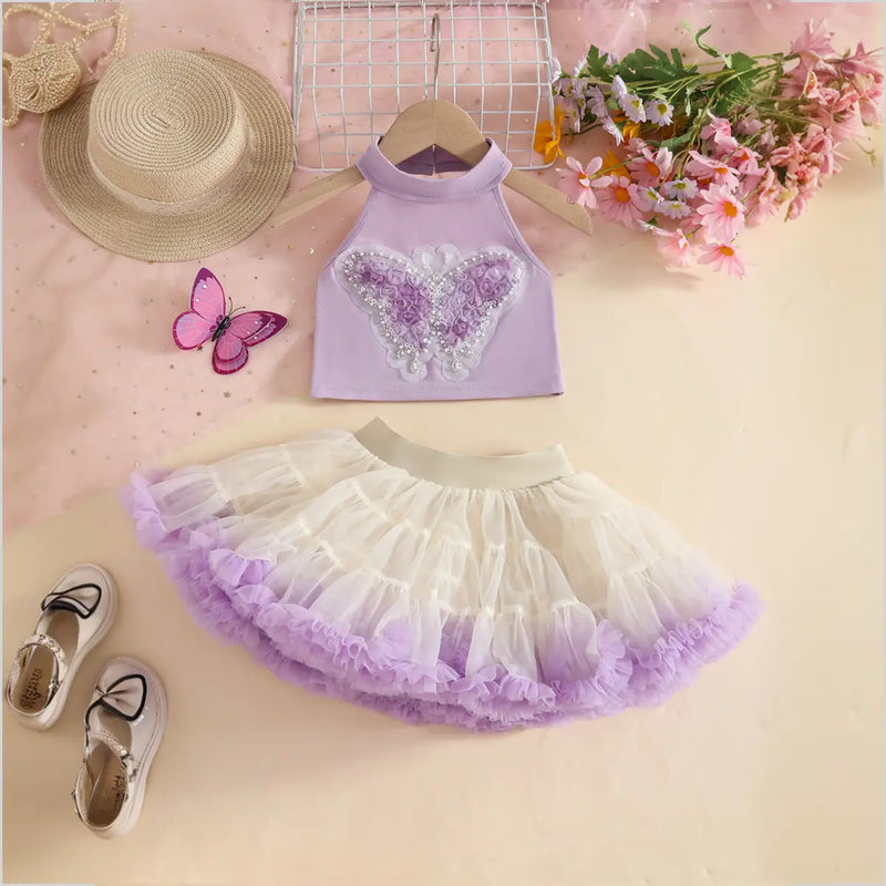 Girls Purple Butterfly Applique Halter Top With Tiered Tulle Tutu Skirt Sets Sets Purple 2-3 Y