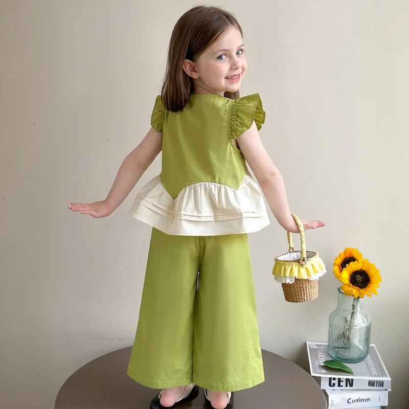 Girls Green Flower Applique Peplum Top With Pant Sets Sets