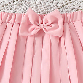 Girls Peach Flower Applique Sleeveless Top With Pleated Skirt Sets Sets