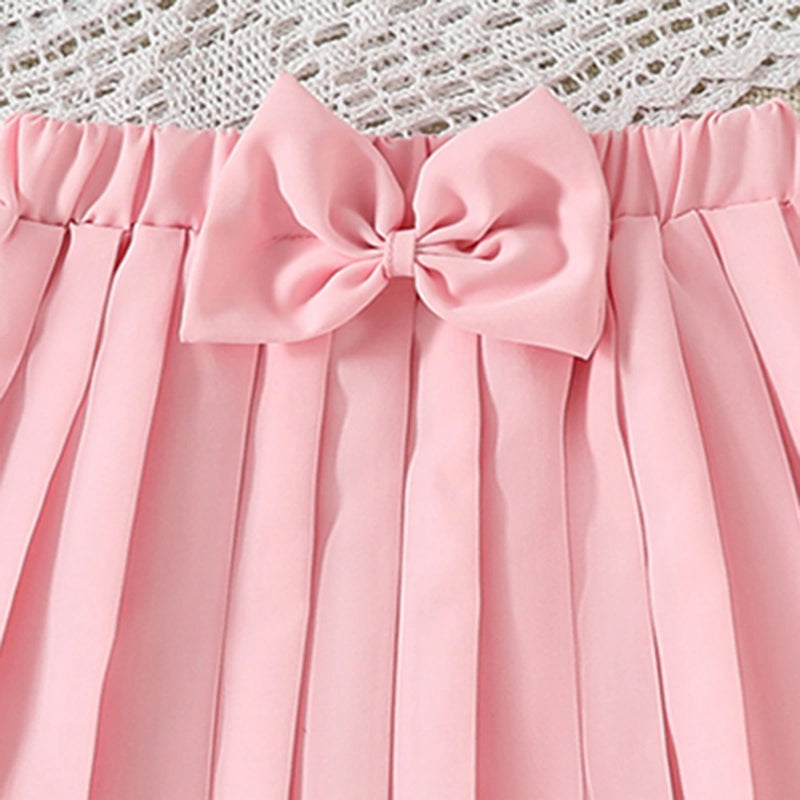 Girls Peach Flower Applique Sleeveless Top With Pleated Skirt Sets Sets