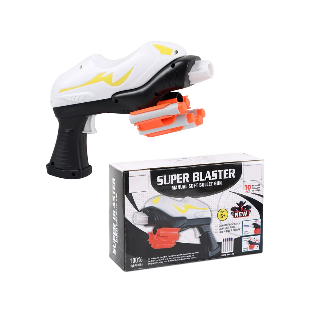 White and black manual soft bullet toy blaster with 10 foam darts