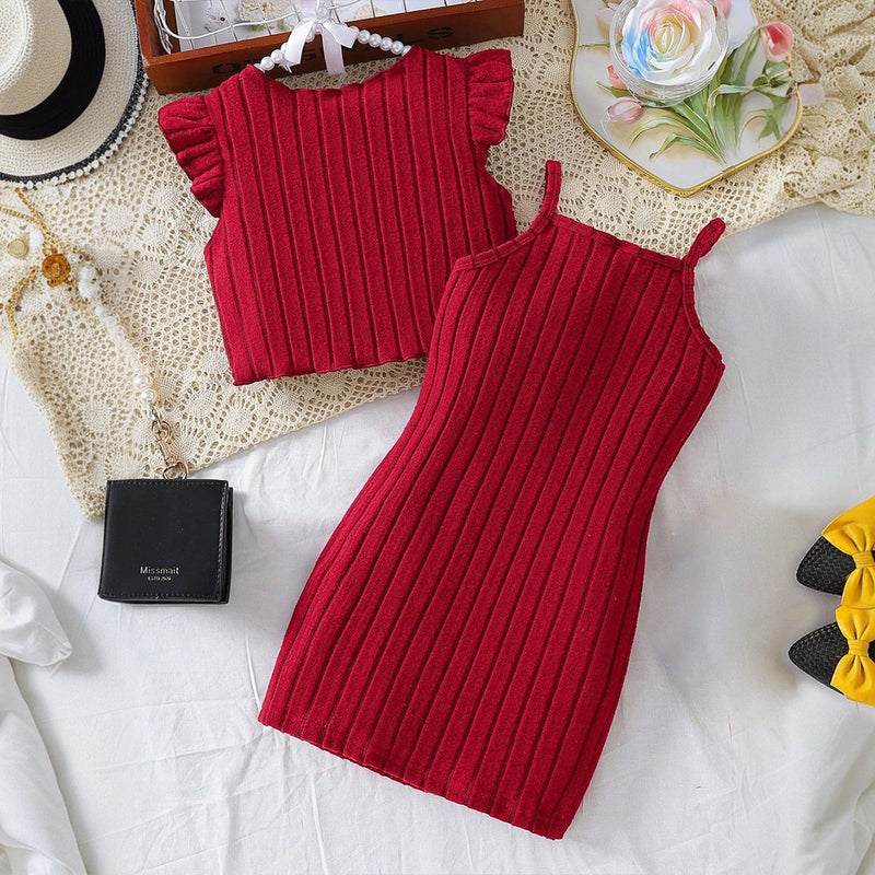 Girls Red Sleeveless Bodycon Dress With Embellished Shrug Casual Dresses