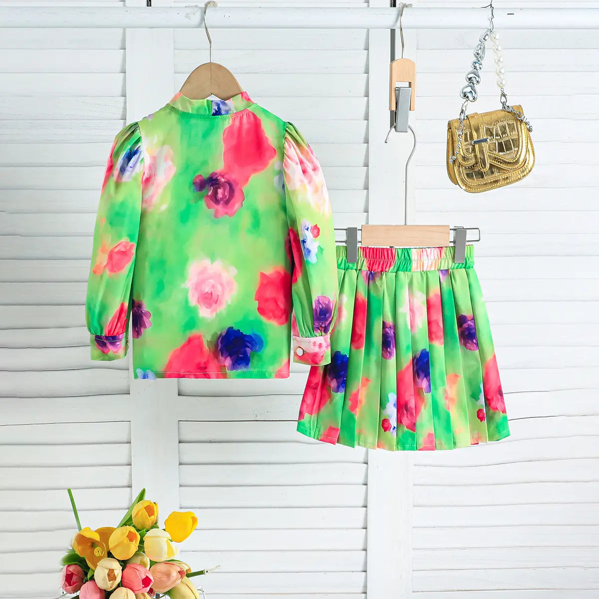 Girls Green Floral Printed Top With Pleated Skirt Co-ord Sets Sets