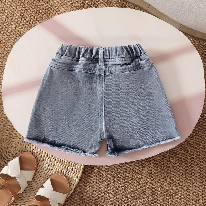 Girls Blue Colorblocked Denim Shorts Shorts