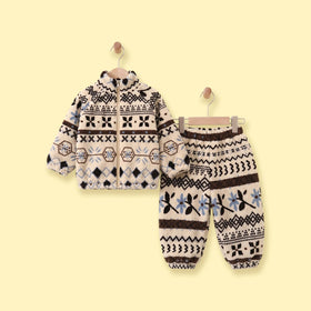 Girls Beige Floral Fleece Jacket & Pants Co-ord Sets Sets Beige 1-2 Y