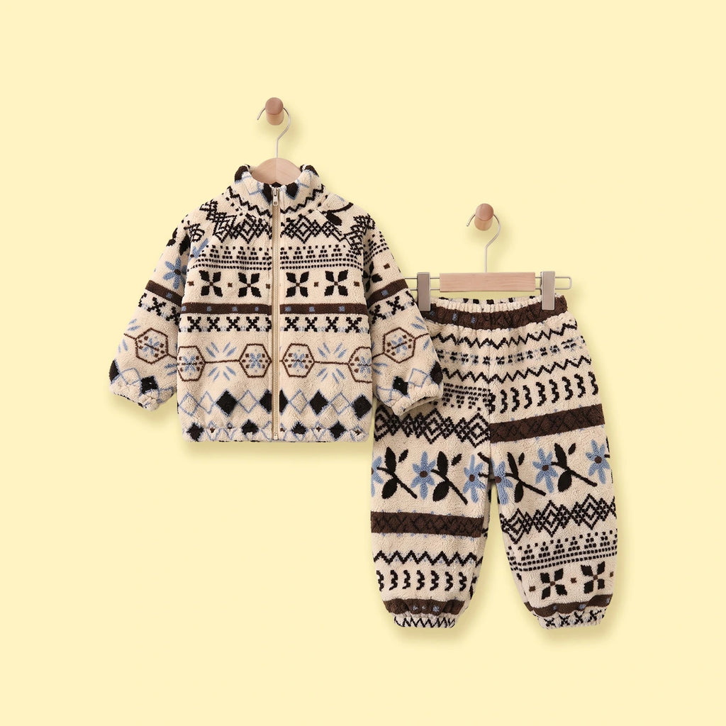Girls Beige Floral Fleece Jacket & Pants Co-ord Sets Sets Beige 1-2 Y
