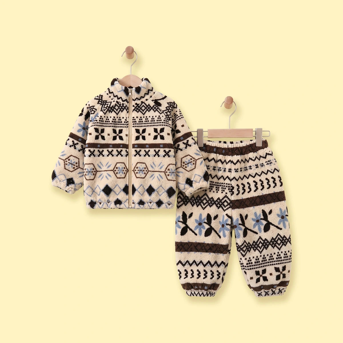 Girls Beige Floral Fleece Jacket & Pants Co-ord Sets Sets Beige 1-2 Y