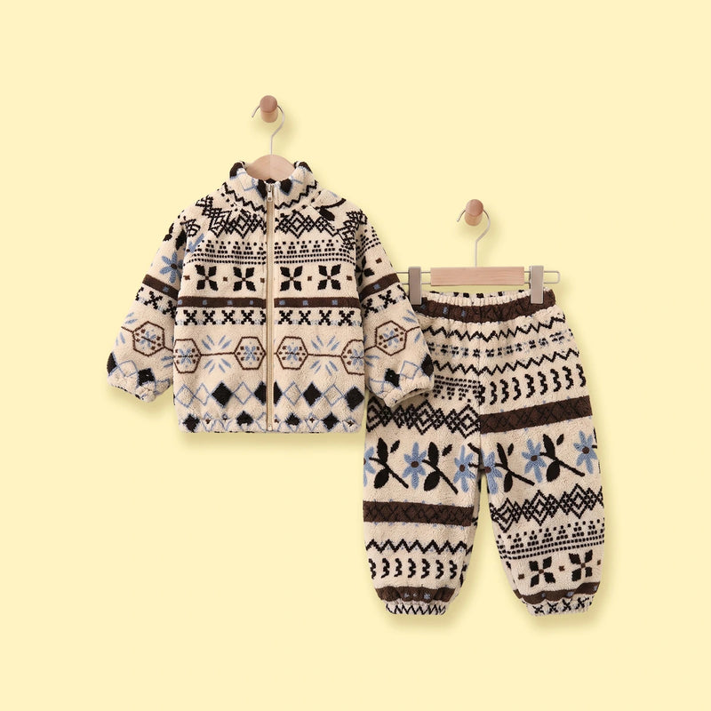 Girls Beige Floral Fleece Jacket & Pants Co-ord Sets Sets Beige 1-2 Y