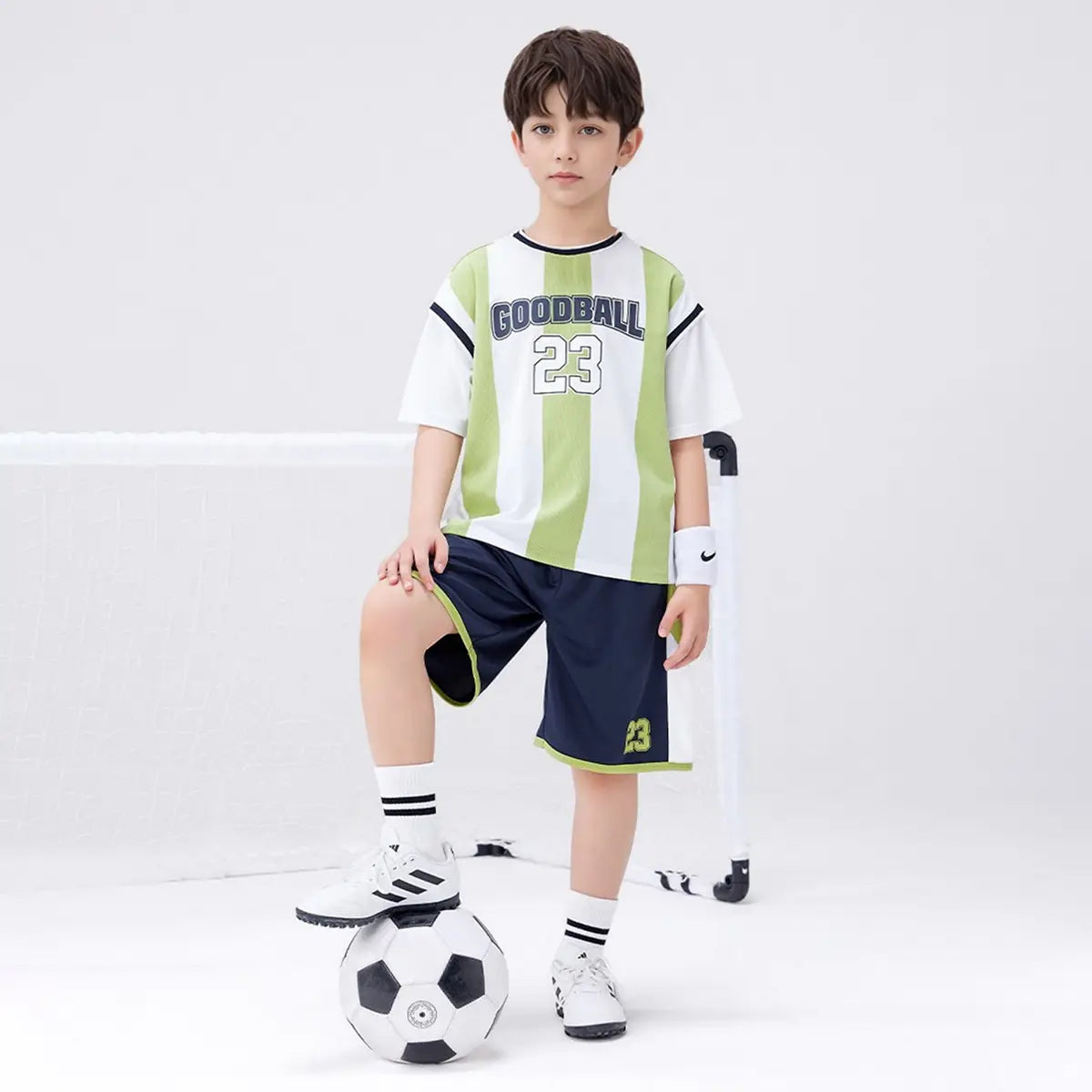 Boys Green Stripes & Alphanumeric Printed T-Shirt With Shorts Set Sets