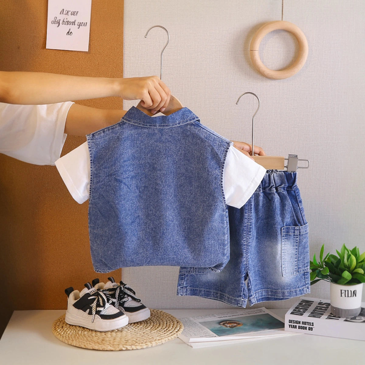Boys Dark Blue Light Wash Denim Vest With Short Sleeve T-Shirt And Denim Shorts Sets 3 pc. Sets