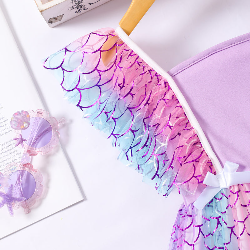 Girls Purple Mermaids Printed Square Neck Dress Casual Dresses