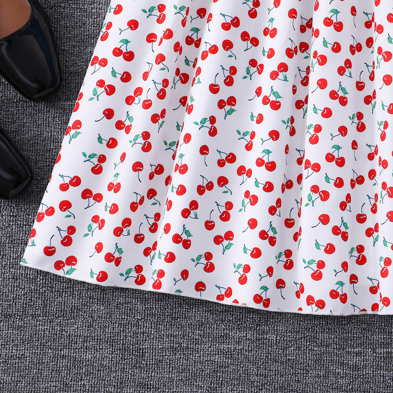 Girls White Cherry Printed Smocked Maxi Dress Casual Dresses