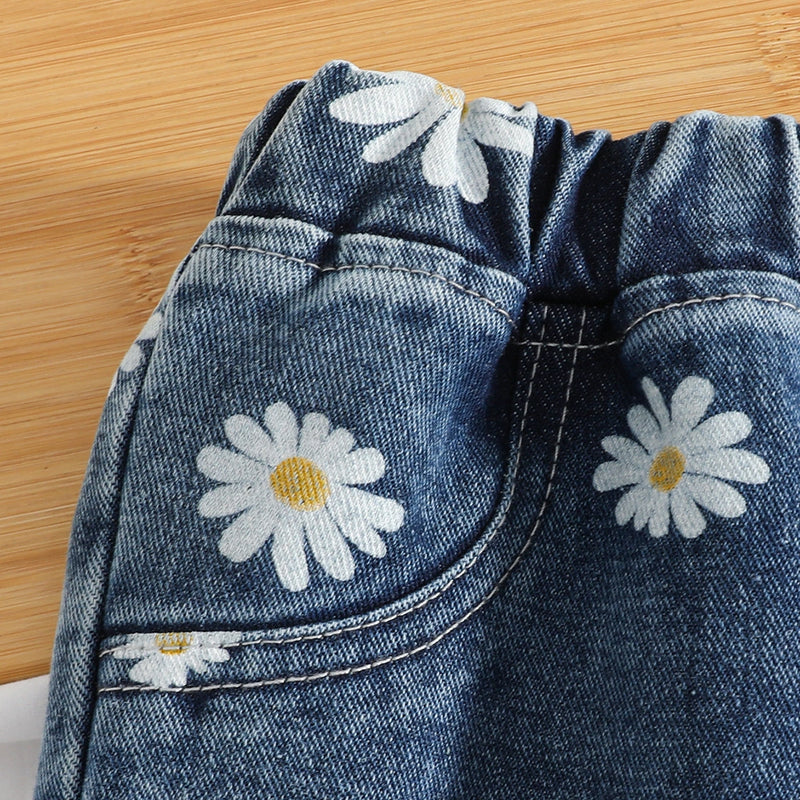 Girls Blue Denim Daisy Print Peplum Top With Pants Co-ord Sets Sets