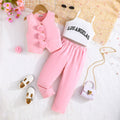 Girls Pink Rose Applique Waistcoat With Crop Top & Trousers Set 3 pc. Sets Pink 2-3 Y