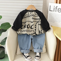 Boys Khaki Crocodile Printed Winter Sweatshirt With Denim Pants Set 2 pc. Sets