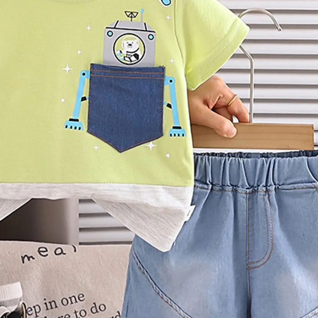 Boys Green Robot Graphic T-Shirt With Denim Shorts Sets Sets