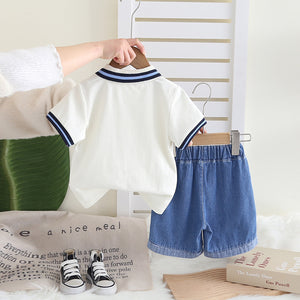 Boys White Striped Collar Polo T-Shirt With Denim Shorts Set 2 pc. Sets