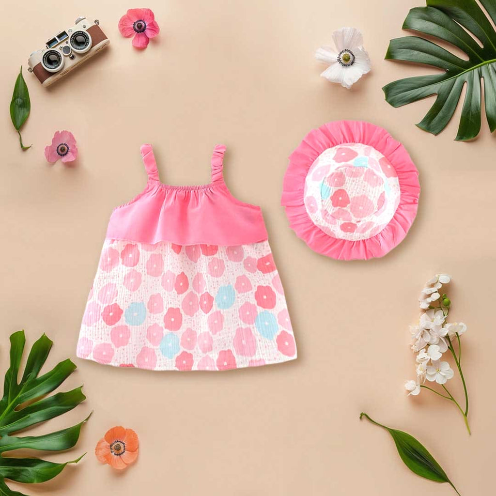 Girls Flower Print A-line Dress with Hat