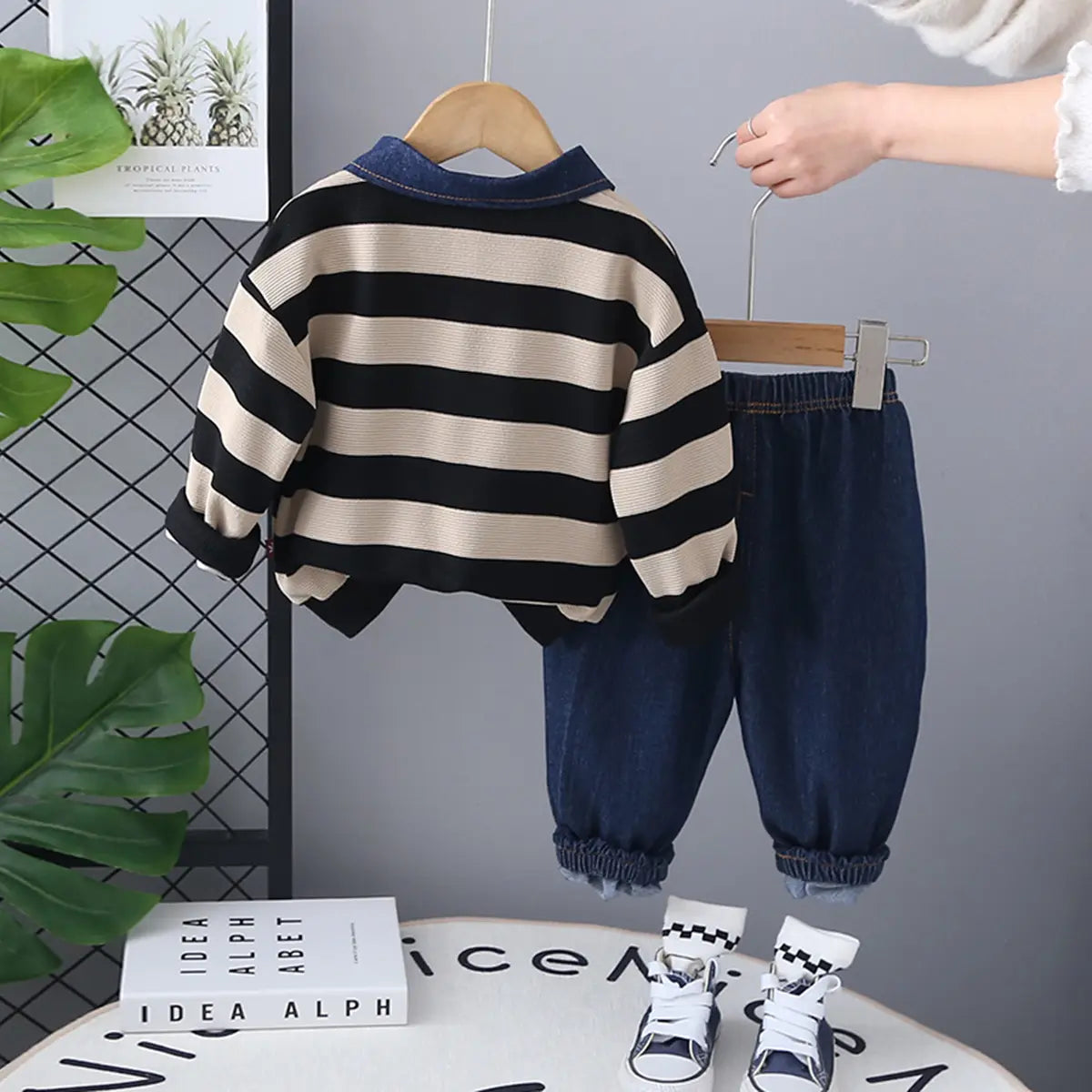 Boys Beige Stripes Polo Sweatshirt With Denim Pants Set Sets