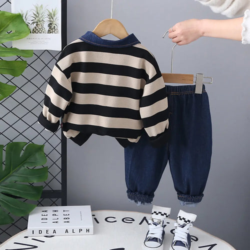 Boys Beige Stripes Polo Sweatshirt With Denim Pants Set Sets