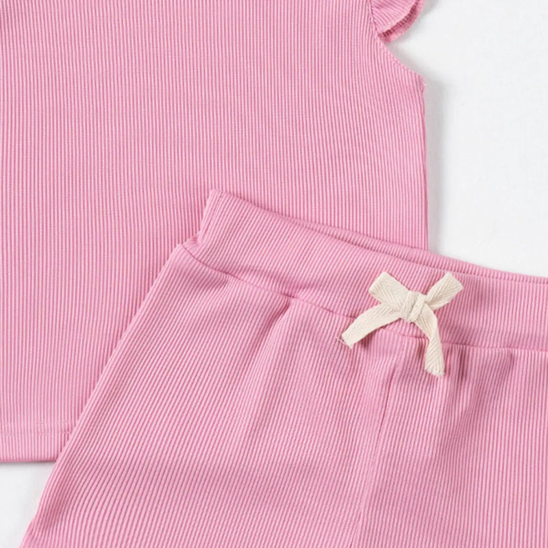Girls Pink Solid Ribbed Top With Shorts Co-ord Sets Sets