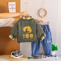Boys Green Reversible jacket With T-Shirt & Denim Pants Set Sets