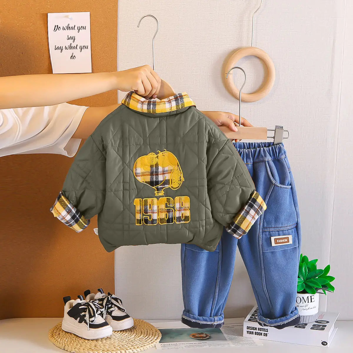 Boys Green Reversible jacket With T-Shirt & Denim Pants Set Sets