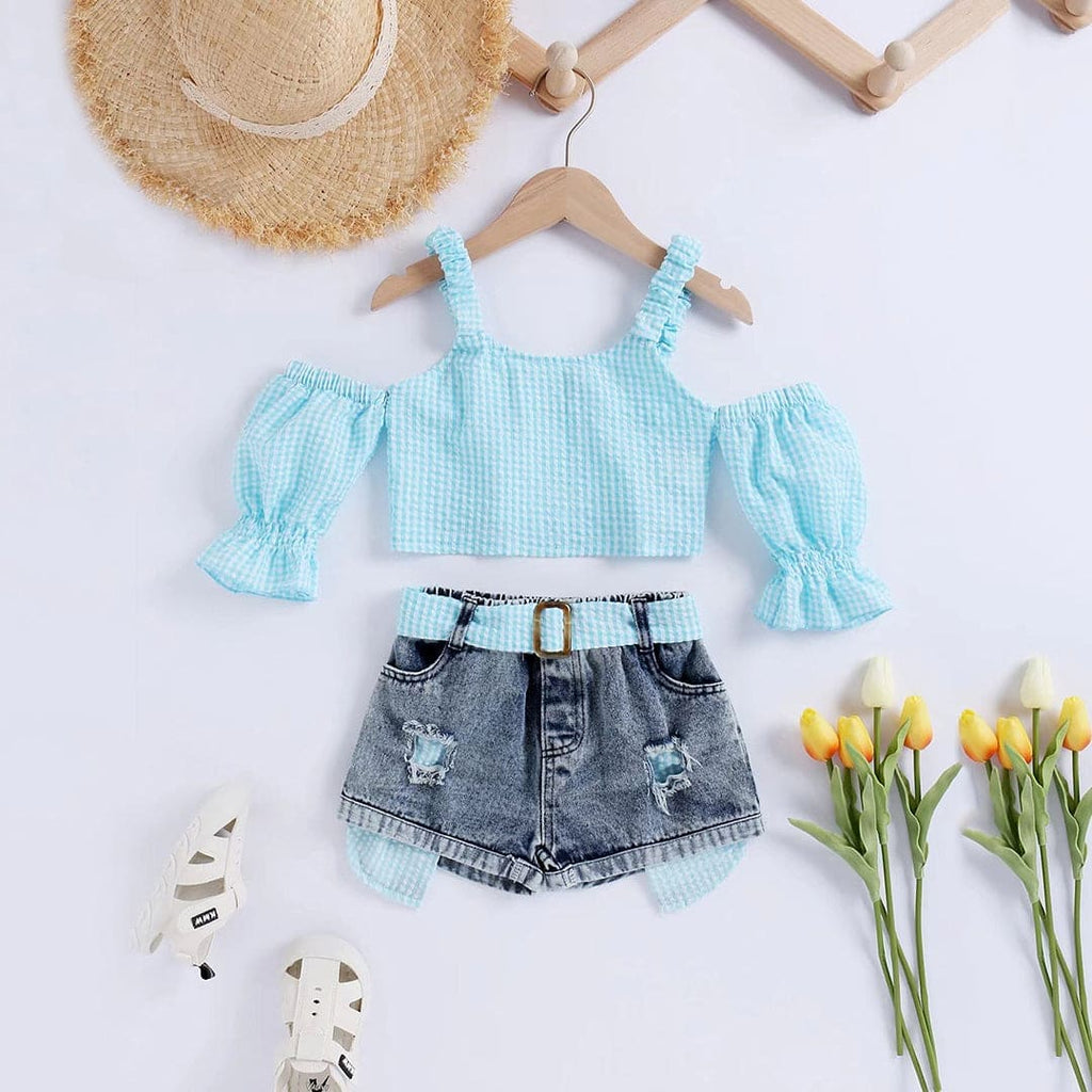 Girls Light Blue Off Shoulder Plaid Top With Denim Short Sets