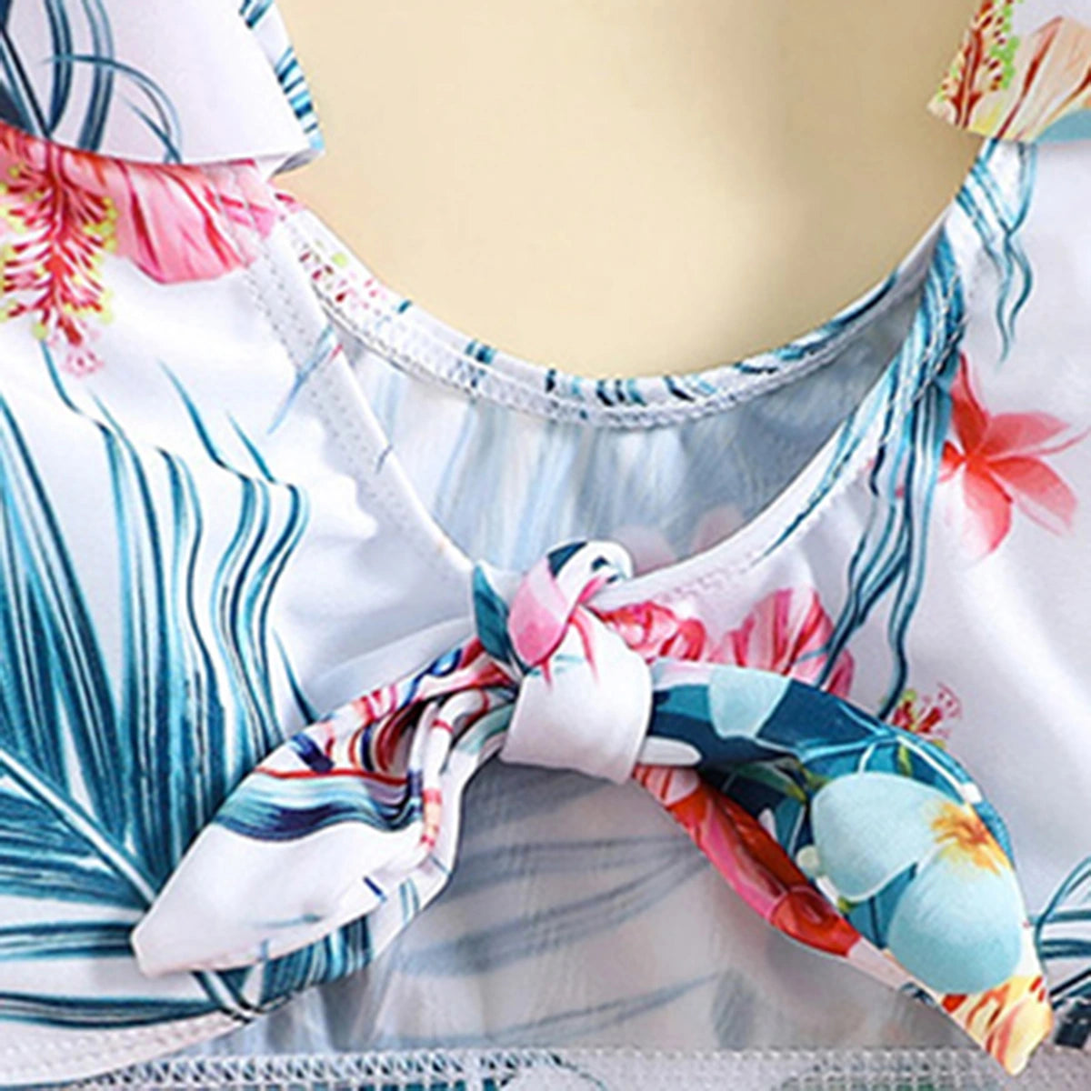 Girls White Tropical Printed Sleeveless Top With Briefs Swimwear Sets Sets