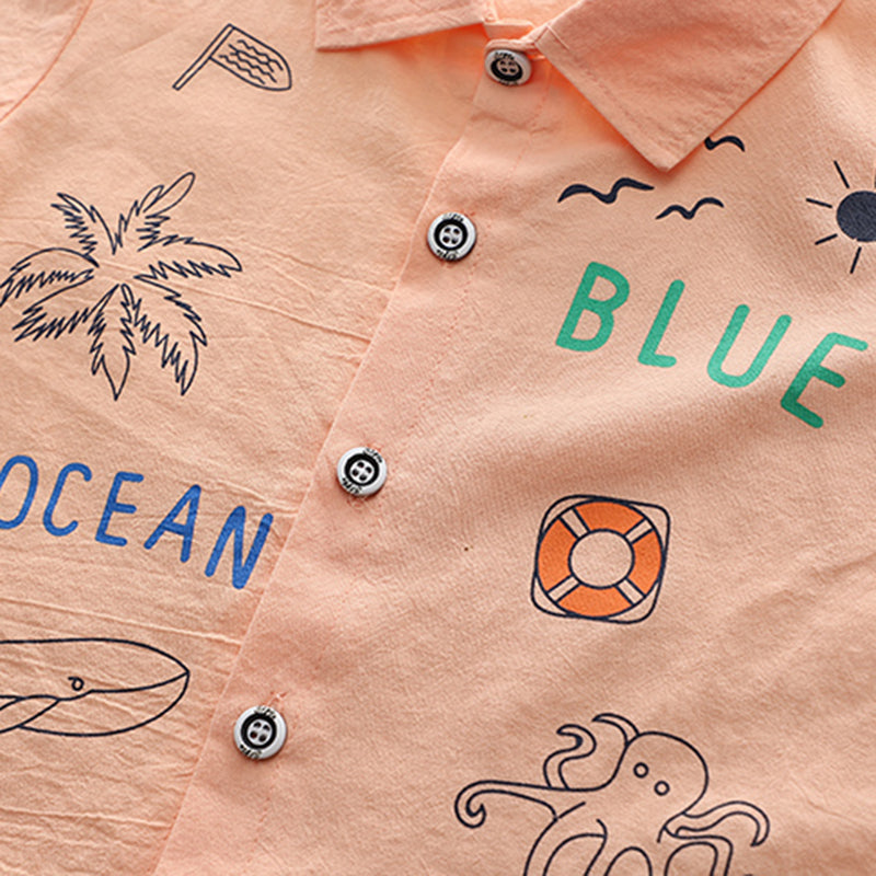 Boys Orange Blue Ocean Print Short Sleeve Shirt With Denim Shorts Set 2 pc. Sets