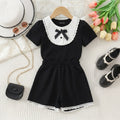 Girls Black Lace Yoke Short Sleeve Top With Elasticated Shorts Sets Sets Black 2-3 Y