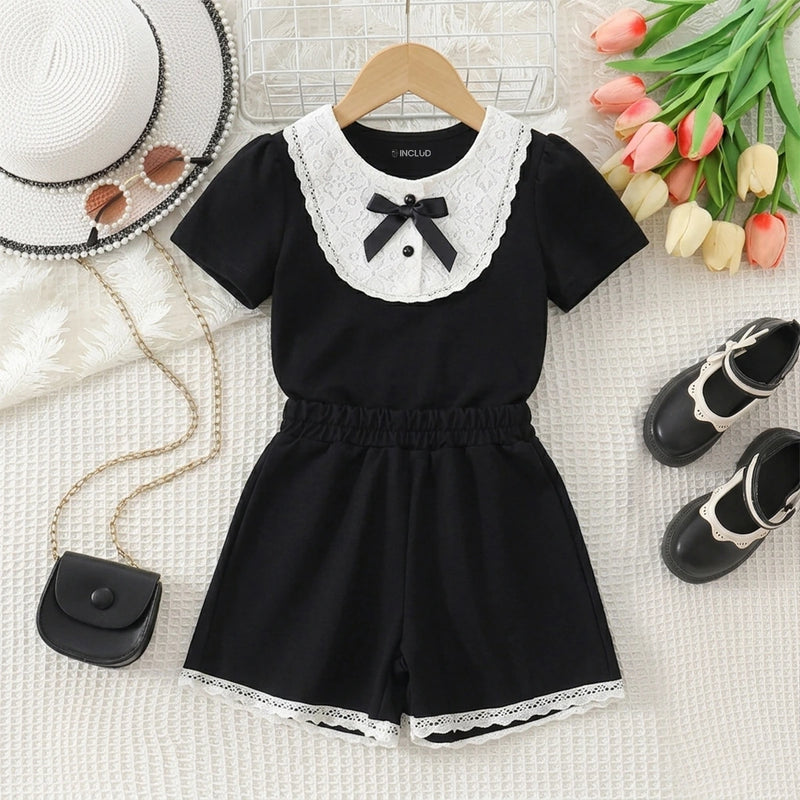 Girls Black Lace Yoke Short Sleeve Top With Elasticated Shorts Sets Sets Black 2-3 Y