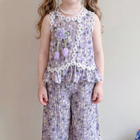 Girls Purple Floral Print Sleeveless Top With Crop Pants Sets 2 pc. Sets