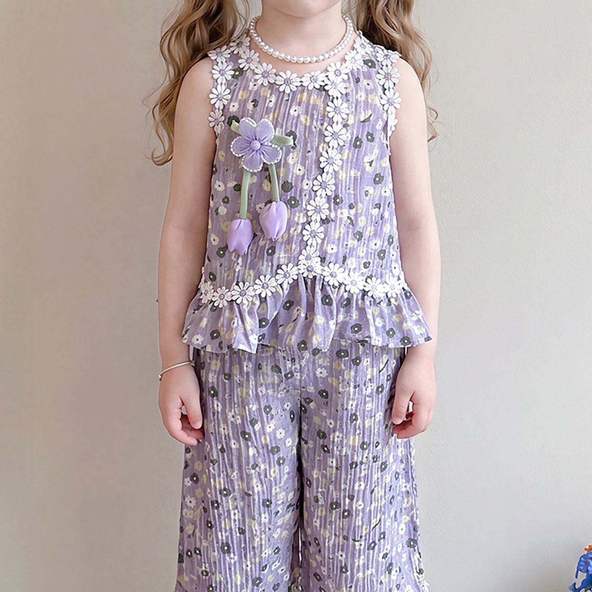 Girls Purple Floral Print Sleeveless Top With Crop Pants Sets 2 pc. Sets