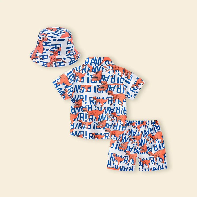 Boys Multicolor Dinosaur Print Button-Down Shirt With Shorts & Hat Co-ord Sets Sets